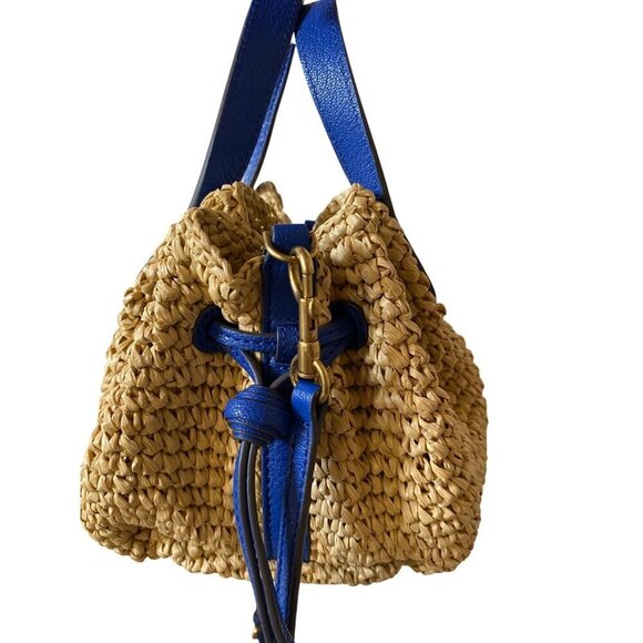 Anya Hindmarch Raffia Drawstring Tote Sz Small in Electric Blue Leather Tassels - Picture 12 of 16